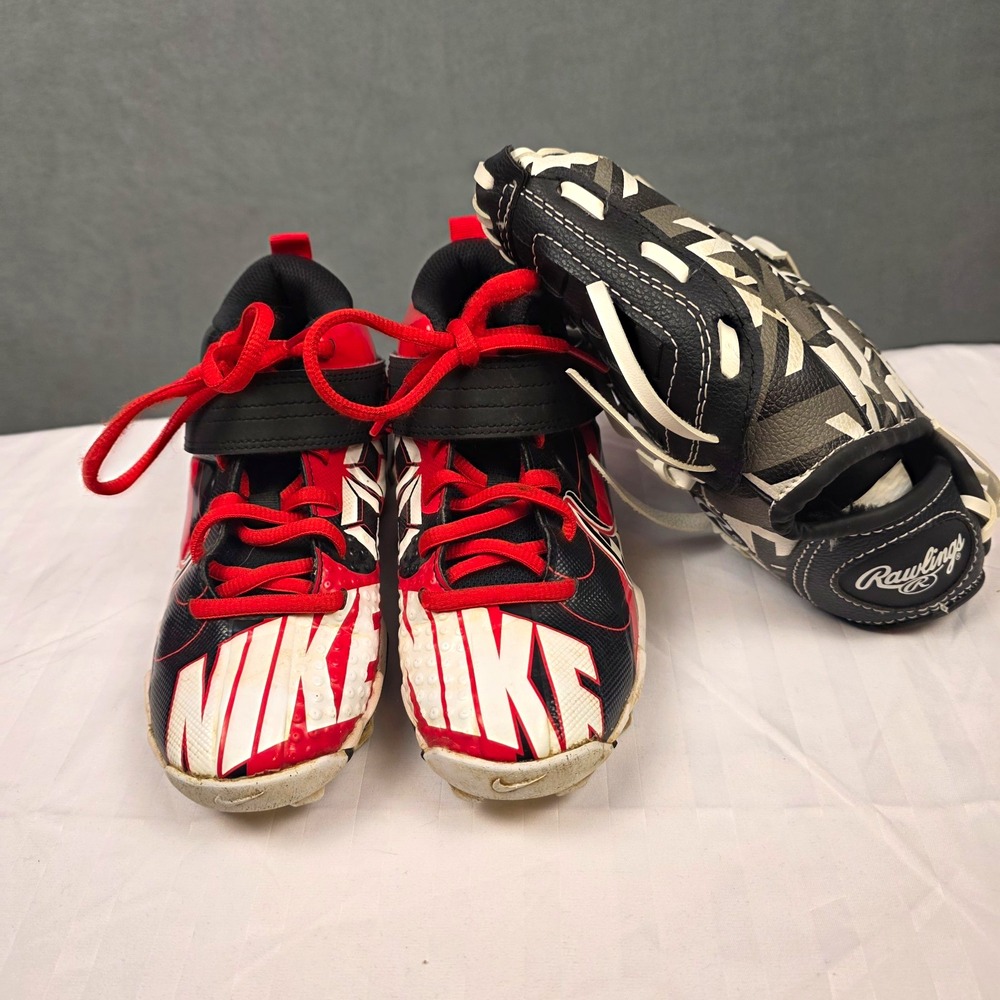 Nike Trout 1Y Red Black Baseball Cleats & Rawlings Grey Checkered Baseball Glove